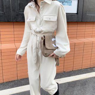 Long-sleeve Wide-leg Cargo Jumpsuit Almond - One Size
