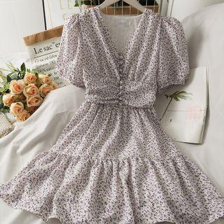 Puff-sleeve Ruffle-hem Floral Midi Dress