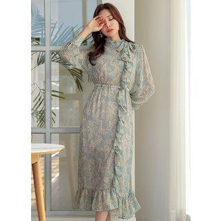 Tie-neck Frilled Floral Maxi Chiffon Dress