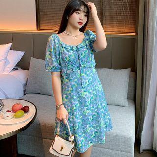 Puff-sleeve Square-neck Ruffled-trim Tie-strap Floral Dress