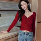 Long-sleeve Plain Ruched Knit Top