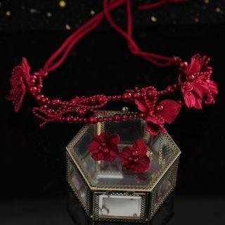 Set: Flower Fabric Headband + Earring Headband & Earring - Red - One Size