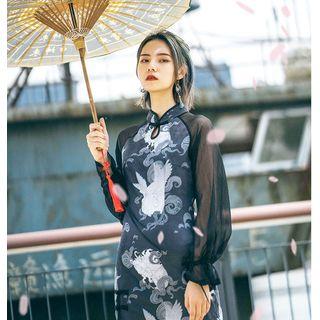 Mandarin Collar Chiffon Panel Long-sleeve Mini Sheath Dress