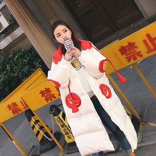 Smiley Face Embroidered Hooded Long Padded Coat