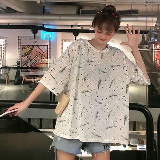 Elbow-sleeve Feather Printed T-shirt