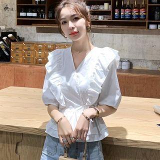 Elbow-sleeve V-neck Ruffle Trim Tie-waist Blouse