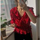Heart Print Ruffle Short-sleeve Blouse