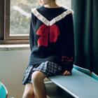 Bow Jacquard Sailor-collar Sweater