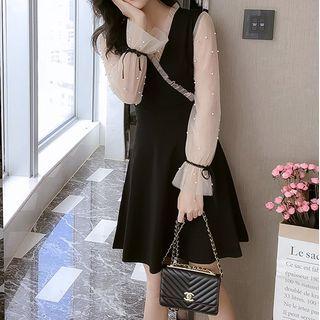 Long-sleeve Faux Pearl Frill Trim Mini A-line Dress