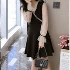 Long-sleeve Faux Pearl Frill Trim Mini A-line Dress