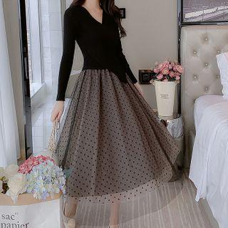 Long-sleeve Dot Print Mesh Panel Midi Dress