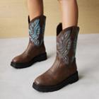 Embroidered Pointy-toe Platform Mid-calf Boots