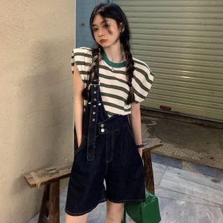 Short-sleeve Striped T-shirt / Off-shoulder Denim Jumper Shorts