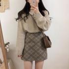 Knit Polo Shirt / Plaid Mini Skirt