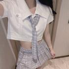 Short-sleeve Tie-neck Shirt / Plaid Pleated Mini A-line Skirt / Set