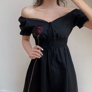 Puff-sleeve Tie-neck Plain Dress