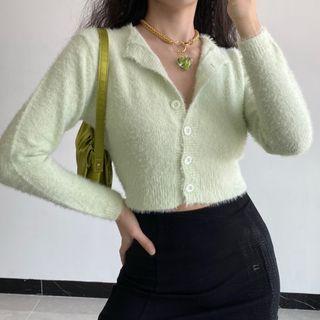 Furry Round-neck Cardigan Green - One Size