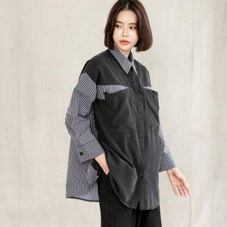 Dual-pocket Panel Stripe Shirt Black - One Size