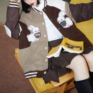 Rabbit Embroidered Color Block Baseball Jacket