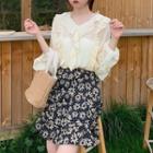 Ruffle Blouse / Floral Print Mini A-line Skirt