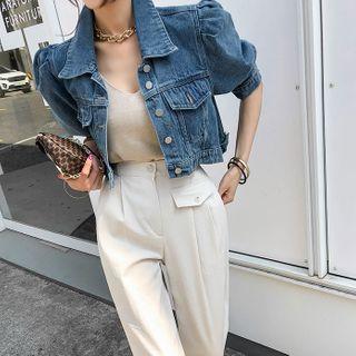 Puff-sleeve Crop Denim Jacket Dark Blue - One Size