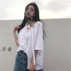 Asymmetric Elbow-sleeve Twisted Plain T-shirt