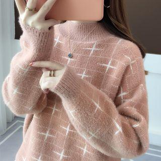 Long-sleeve Check Loose-fit Knit Top