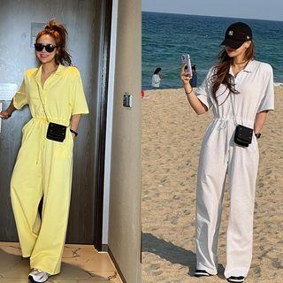 Elbow-sleeve Drawcord Sweat Jumpsuit