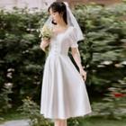 Short-sleeve Square-neck Midi A-line Dress / Wedding Veil / Set