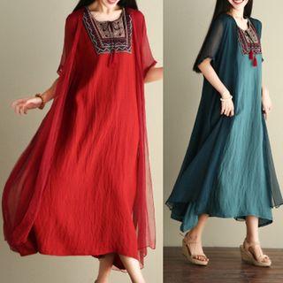 Embroidered Tassel Elbow-sleeve Midi Dress