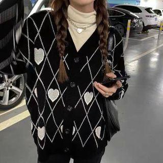 Argyle Cardigan White Heart - Black - One Size