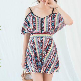 Cold Shoulder Patterned Swim Dress