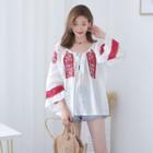 Bell-sleeve Embroidered Top Red - One Size