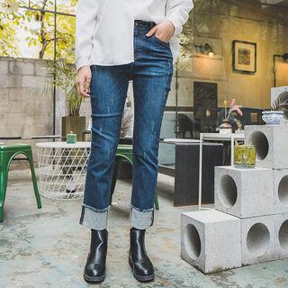 Cuffed-hem Brushed Fleece Lined Jeans