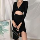 Set: Long-sleeve V-neck Crop Top + Asymmetrical Mini Pencil Skirt