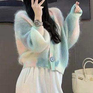 Tie Dye V-neck Cardigan Green & Pink - One Size
