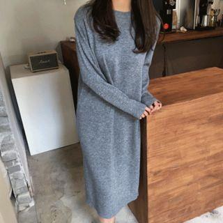 Slit-side Long Knit Dress With Sash Gray - One Size