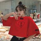 Letter Embroidered Cropped Elbow-sleeve T-shirt