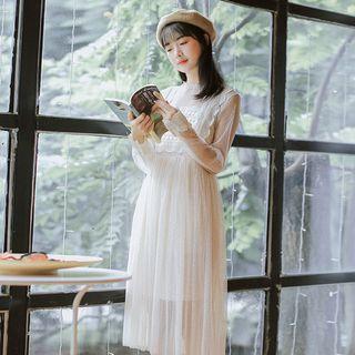 Set: Long-sleeve Lace Panel Midi A-line Mesh Dress + Slipdress