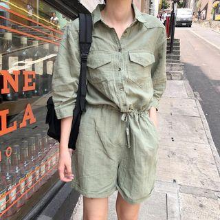 Elbow-sleeve Buttoned Playsuit