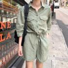 Elbow-sleeve Buttoned Playsuit