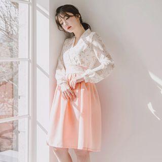 Set: Hanbok Peplum Top (floral / Ivory) + Skirt (midi / Peach)