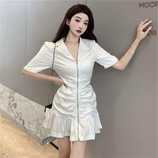 Short-sleeve Collar Zipped Mini Sheath Dress
