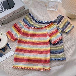 Short-sleeve Off-shoulder Striped Color Block Knit Top