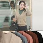 Set: Slim-fit V-neck Cardigan + Crew-neck Elbow-sleeve Knit Top