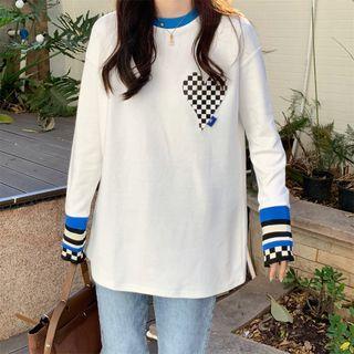 Long-sleeve Checkerboard Heart Applique T-shirt White - One Size