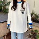 Long-sleeve Checkerboard Heart Applique T-shirt White - One Size