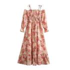 Bell-sleeve Cold-shoulder Floral Print Midi A-line Dress
