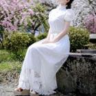 Short-sleeve Lace Panel A-line Maxi Dress