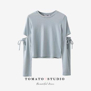 Round-neck Plain Cutout Bow Cropped Top